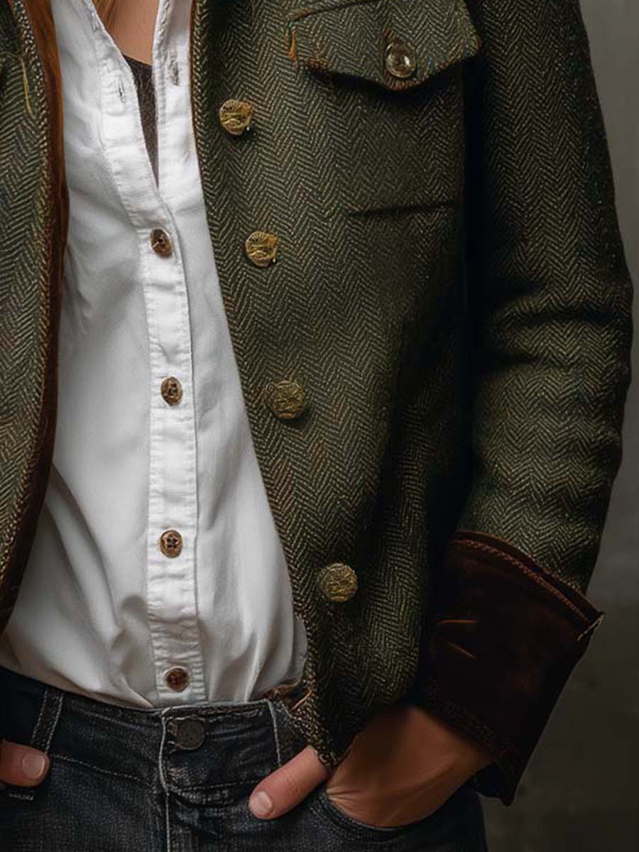 Blazer da Donna Vintage a Spina di Pesce con Bordi a Contrasto