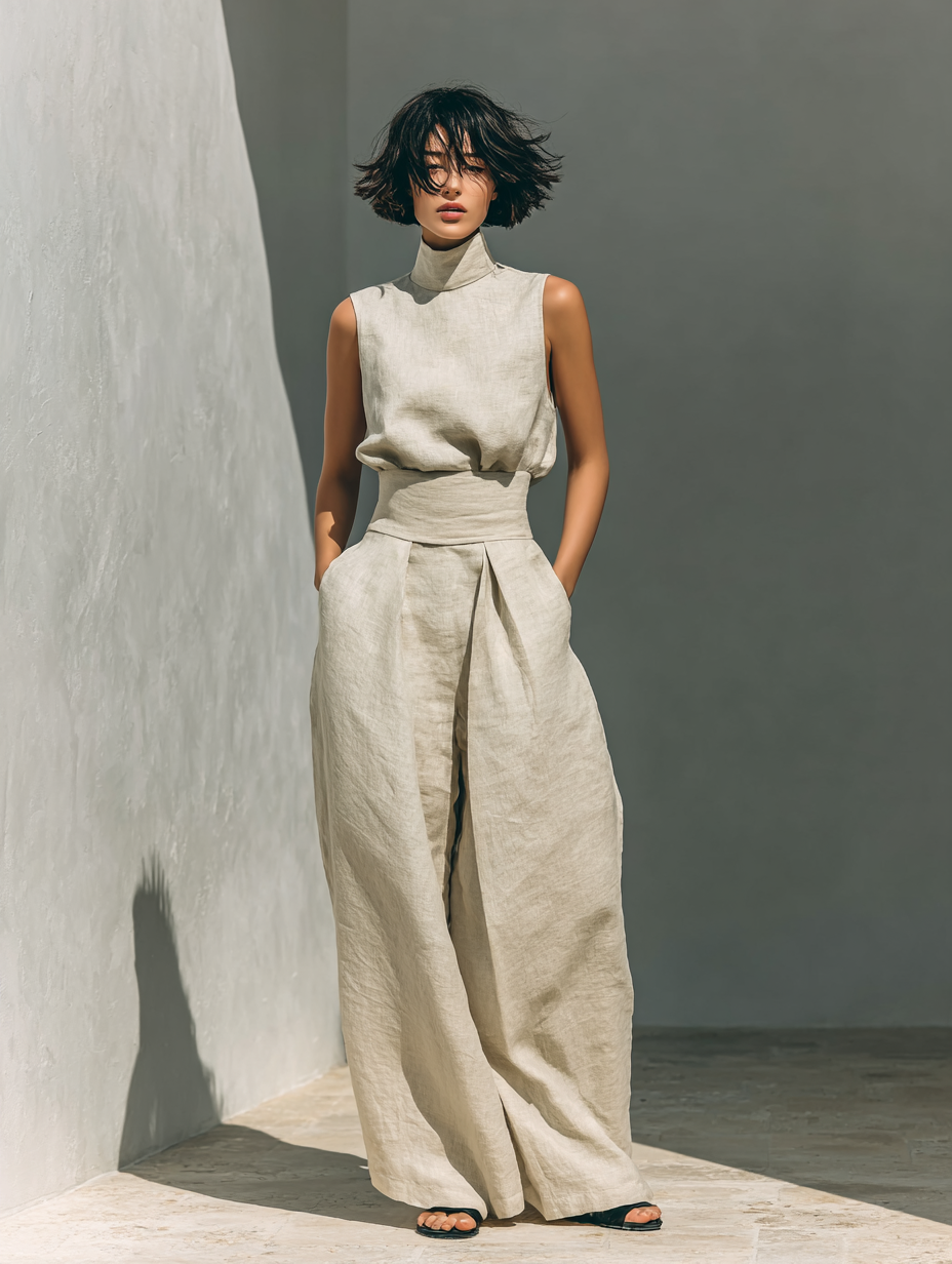 Completo Minimalista Da Donna Con Blusa Senza Maniche E Pantaloni A Gamba Larga