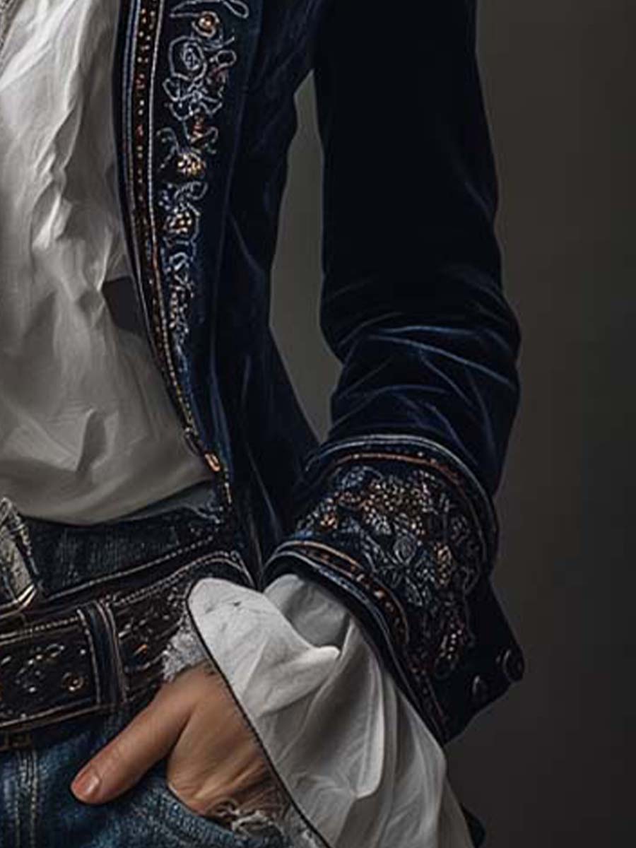 Giacca Lunga da Donna Vintage Blu Navy Ricamata