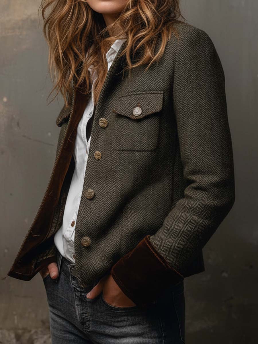 Blazer da Donna Vintage a Spina di Pesce con Bordi a Contrasto