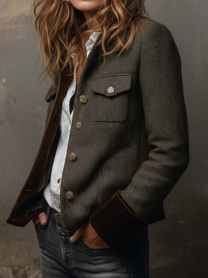 Blazer da Donna Vintage a Spina di Pesce con Bordi a Contrasto
