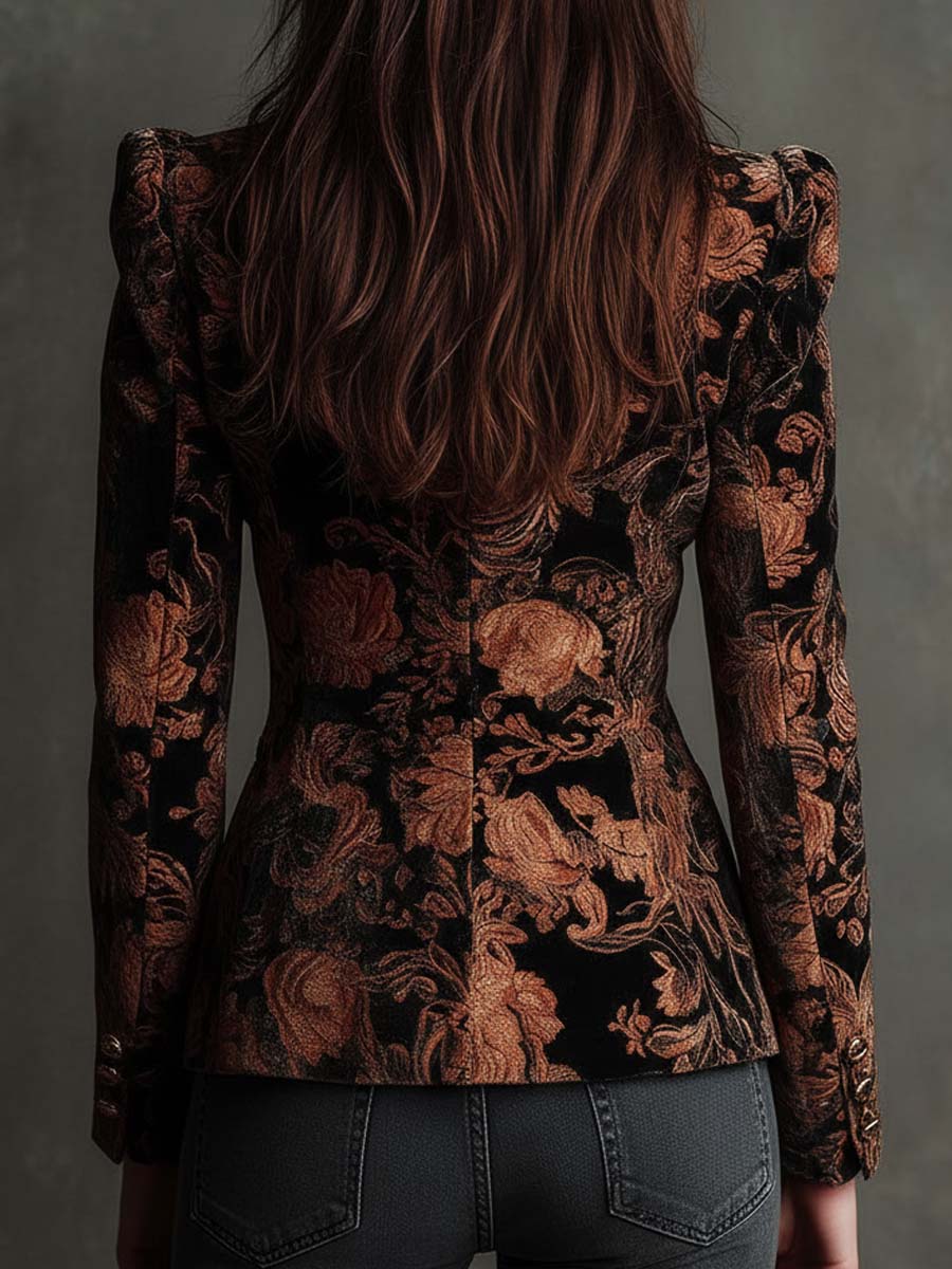 Blazer Sartoriale da Donna con Stampa Floreale Nera e Bronzo