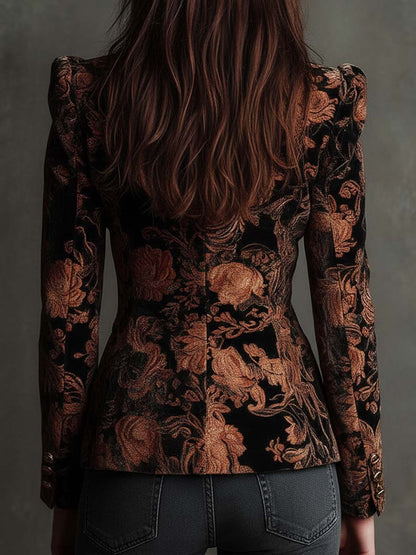 Blazer Sartoriale da Donna con Stampa Floreale Nera e Bronzo