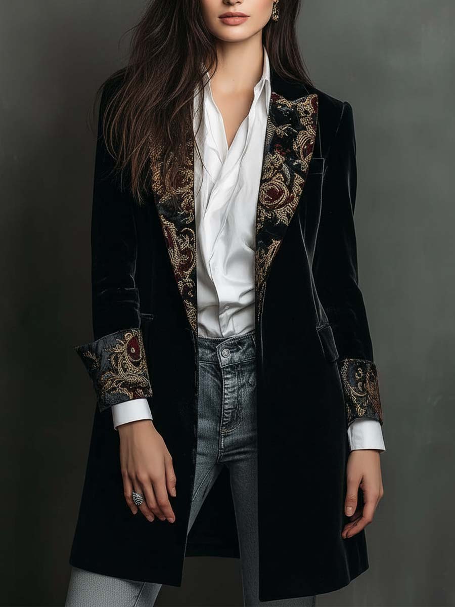 Blazer da Donna Slim Fit Nero con Revers e Stampa Barocca