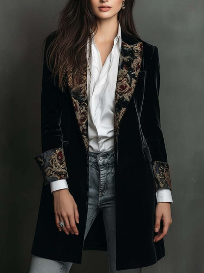 Blazer da Donna Slim Fit Nero con Revers e Stampa Barocca