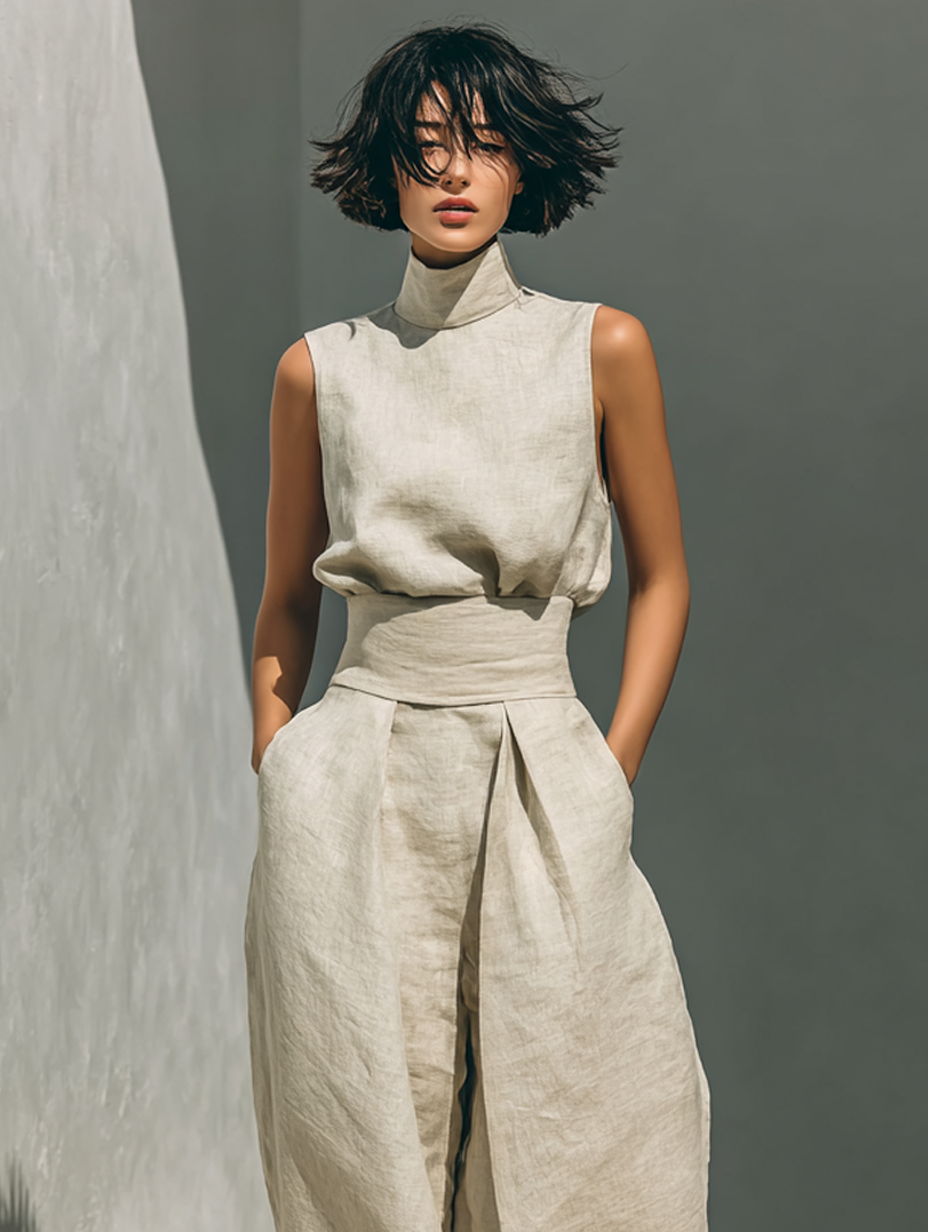 Completo Minimalista Da Donna Con Blusa Senza Maniche E Pantaloni A Gamba Larga