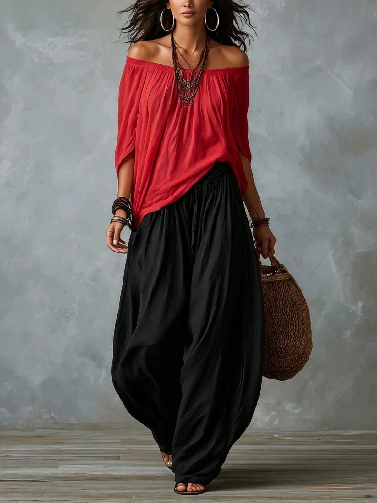 Luisa | Conjunto de Top con Hombros Descubiertos y Pantalones Holgados Tipo Farol