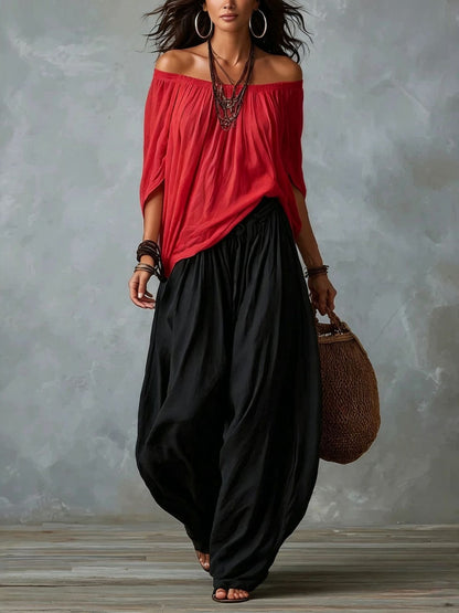 Luisa | Conjunto de Top con Hombros Descubiertos y Pantalones Holgados Tipo Farol