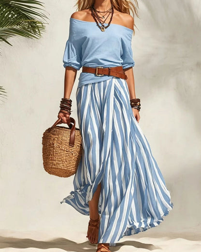 Madison | Completo Con Gonna Maxi A Righe E Top Con Spalle Scoperte
