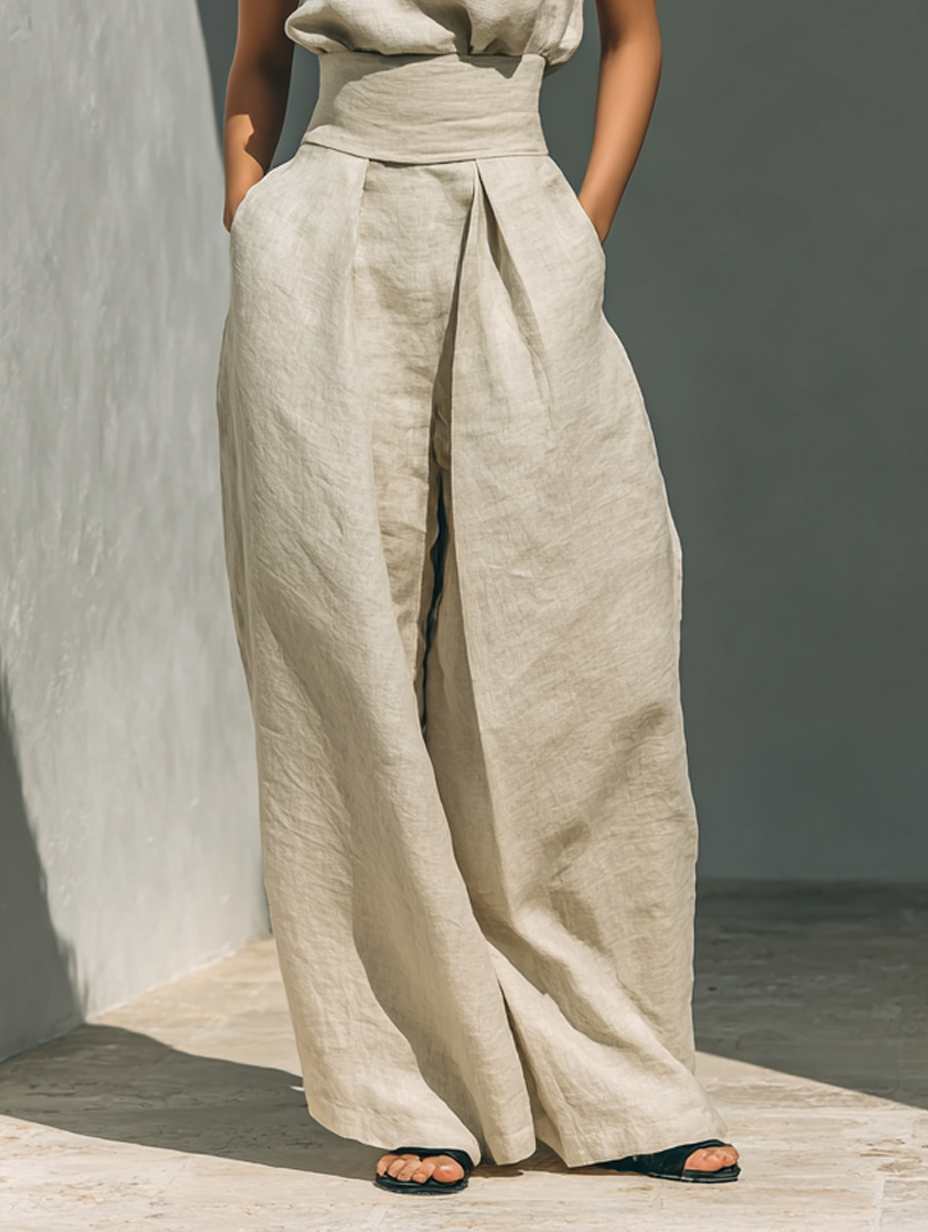 Completo Minimalista Da Donna Con Blusa Senza Maniche E Pantaloni A Gamba Larga
