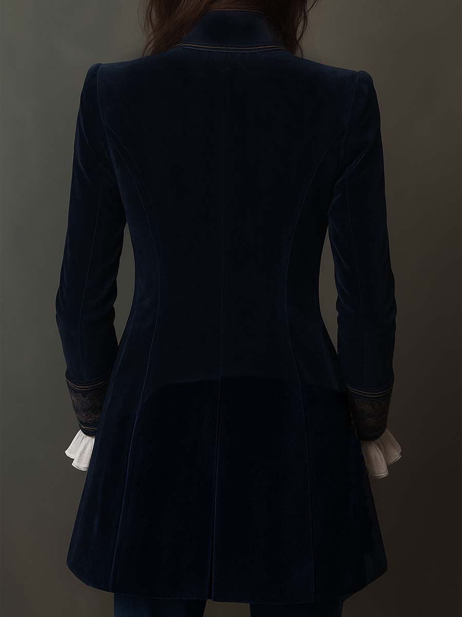 Giacca Lunga da Donna Vintage Blu Navy Ricamata