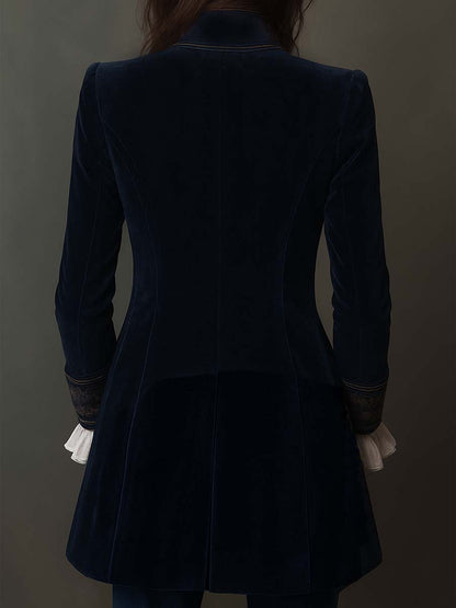 Giacca Lunga da Donna Vintage Blu Navy Ricamata