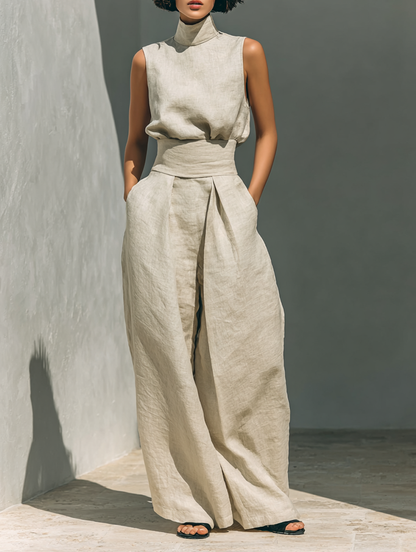 Completo Minimalista Da Donna Con Blusa Senza Maniche E Pantaloni A Gamba Larga