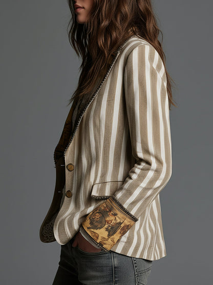 Blazer da Donna con Revers e Stampa a Righe Bohémien
