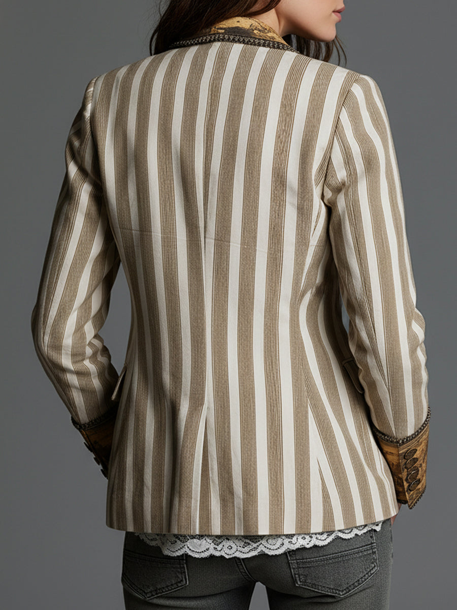 Blazer da Donna con Revers e Stampa a Righe Bohémien