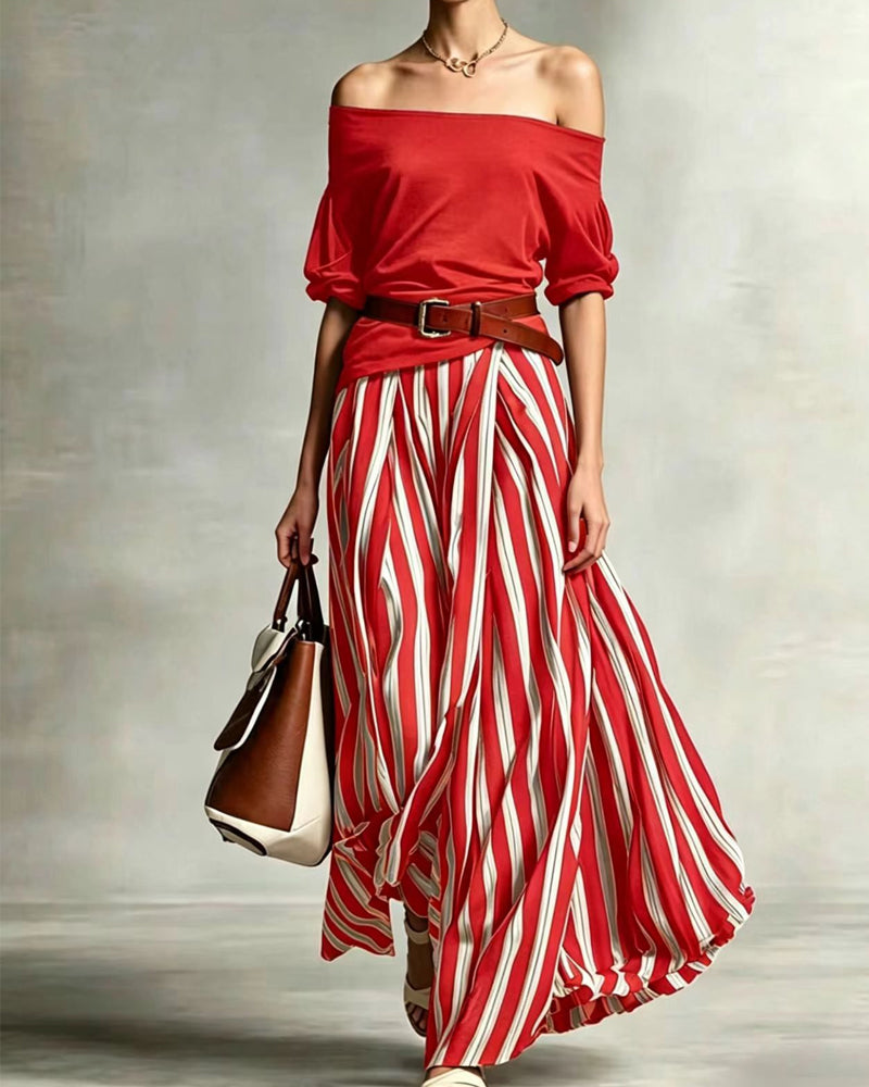 Madison | Completo Con Gonna Maxi A Righe E Top Con Spalle Scoperte