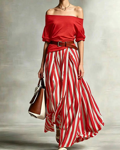 Madison | Completo Con Gonna Maxi A Righe E Top Con Spalle Scoperte