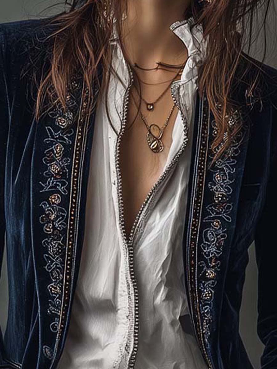 Giacca Lunga da Donna Vintage Blu Navy Ricamata