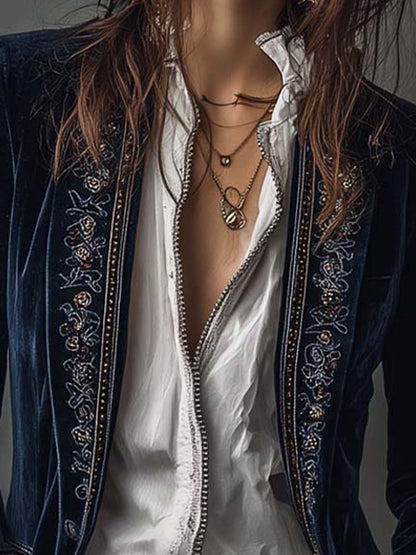 Giacca Lunga da Donna Vintage Blu Navy Ricamata