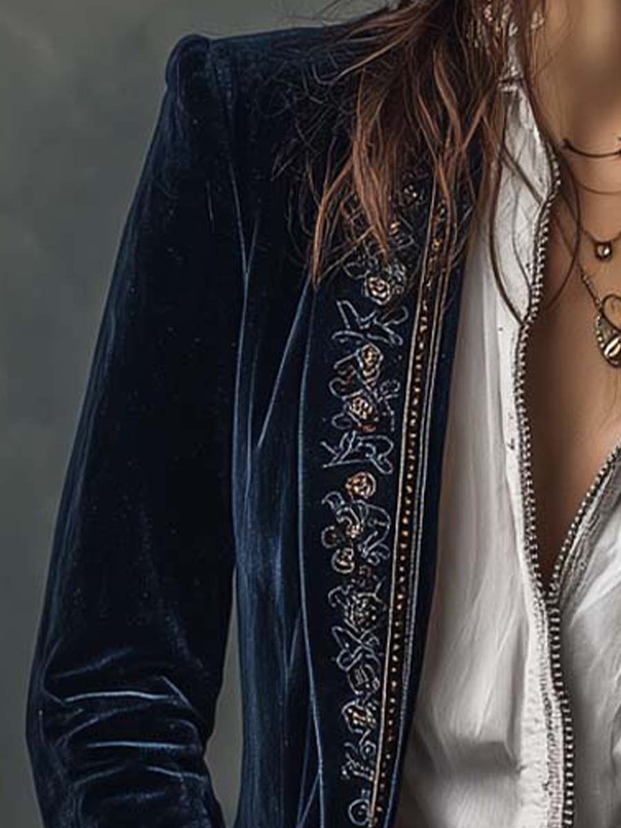 Giacca Lunga da Donna Vintage Blu Navy Ricamata