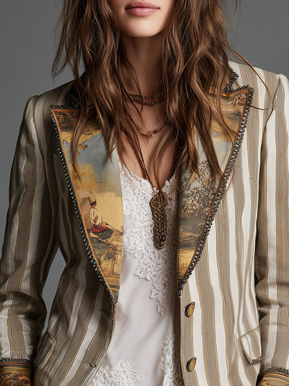 Blazer da Donna con Revers e Stampa a Righe Bohémien