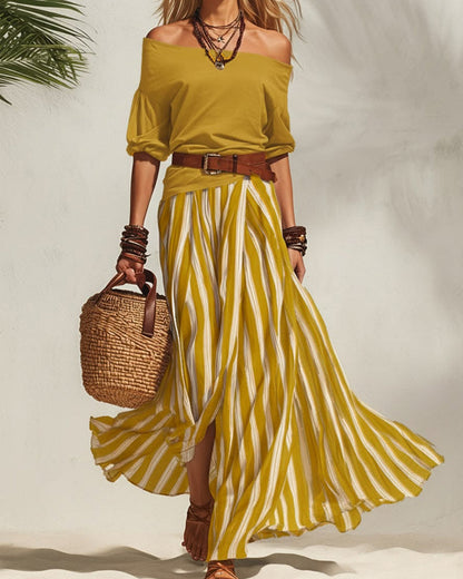 Madison | Completo Con Gonna Maxi A Righe E Top Con Spalle Scoperte
