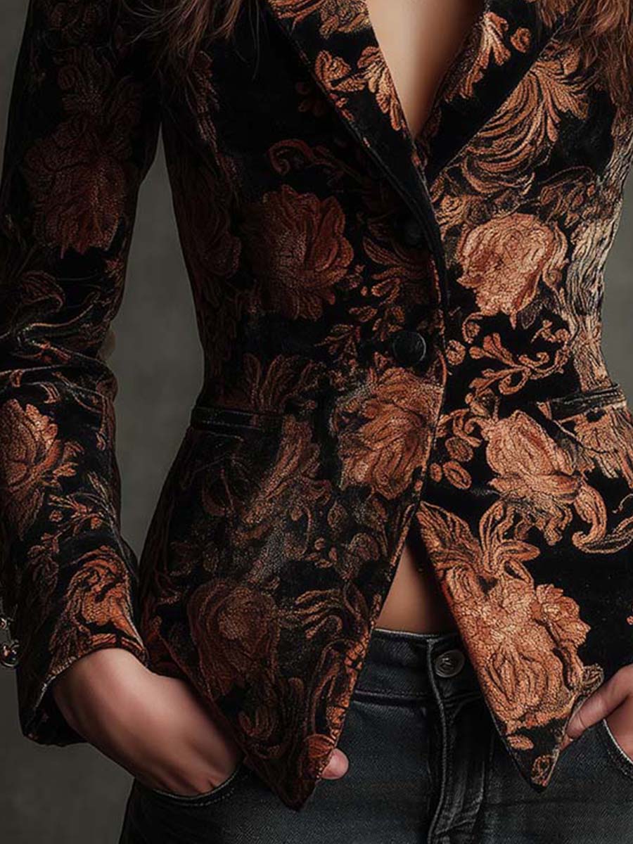 Blazer Sartoriale da Donna con Stampa Floreale Nera e Bronzo