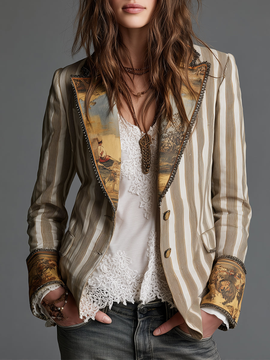 Blazer da Donna con Revers e Stampa a Righe Bohémien
