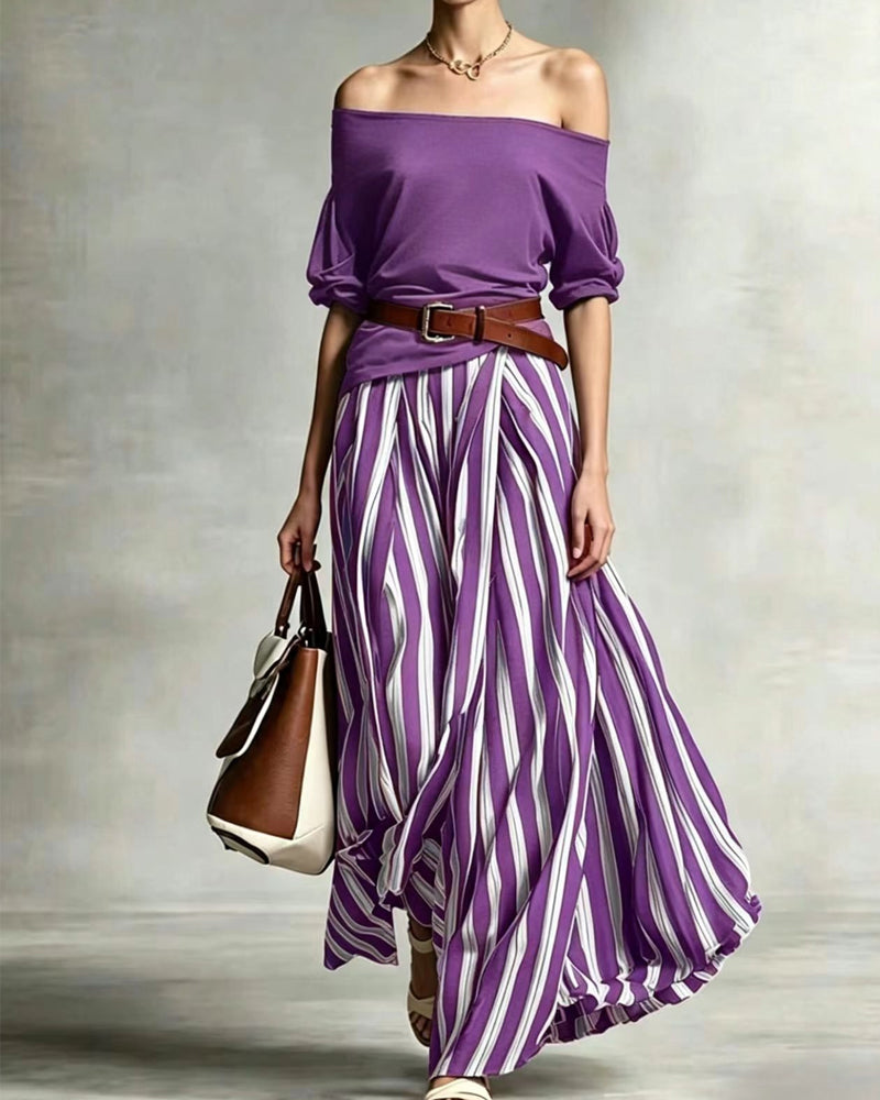 Madison | Completo Con Gonna Maxi A Righe E Top Con Spalle Scoperte