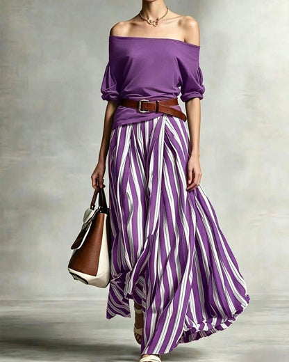 Madison | Completo Con Gonna Maxi A Righe E Top Con Spalle Scoperte