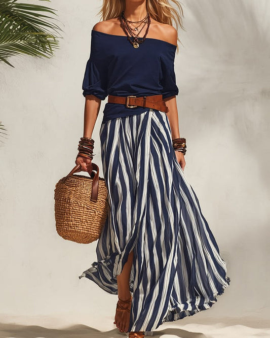 Madison | Completo Con Gonna Maxi A Righe E Top Con Spalle Scoperte