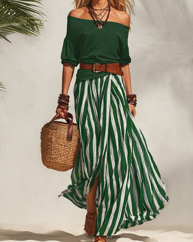 Madison | Completo Con Gonna Maxi A Righe E Top Con Spalle Scoperte