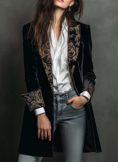Blazer da Donna Slim Fit Nero con Revers e Stampa Barocca