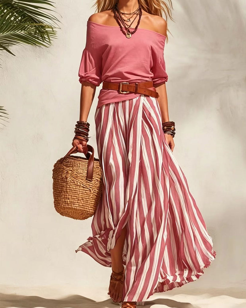 Madison | Completo Con Gonna Maxi A Righe E Top Con Spalle Scoperte