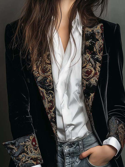 Blazer da Donna Slim Fit Nero con Revers e Stampa Barocca