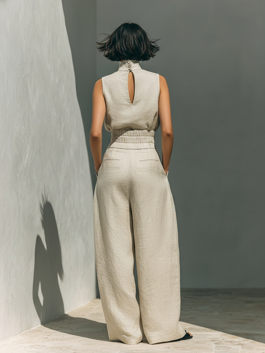Completo Minimalista Da Donna Con Blusa Senza Maniche E Pantaloni A Gamba Larga