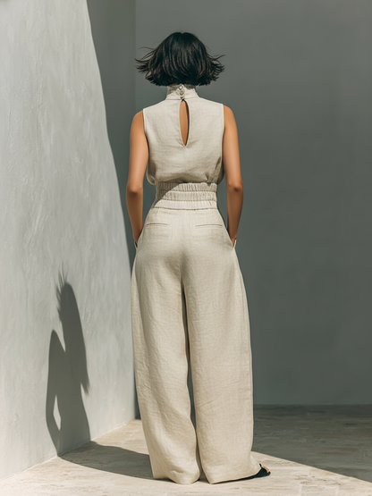 Completo Minimalista Da Donna Con Blusa Senza Maniche E Pantaloni A Gamba Larga