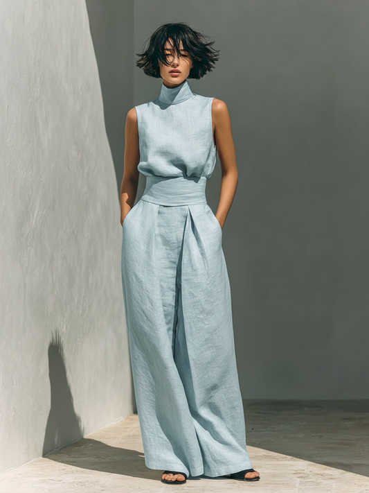 Completo Minimalista Da Donna Con Blusa Senza Maniche E Pantaloni A Gamba Larga