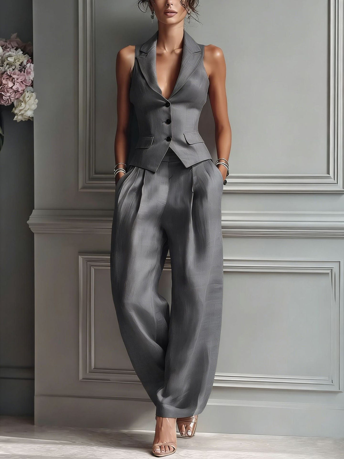 Completo Due Pezzi Da Donna Con Scollo A V E Bottoni