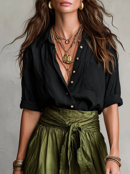 River | Completo Due Pezzi: Top Nero E Gonna Midi Verde Oliva