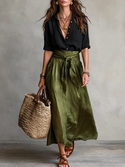 River | Completo Due Pezzi: Top Nero E Gonna Midi Verde Oliva