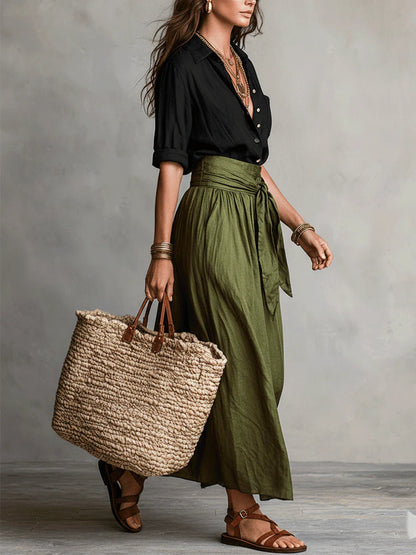 River | Completo Due Pezzi: Top Nero E Gonna Midi Verde Oliva