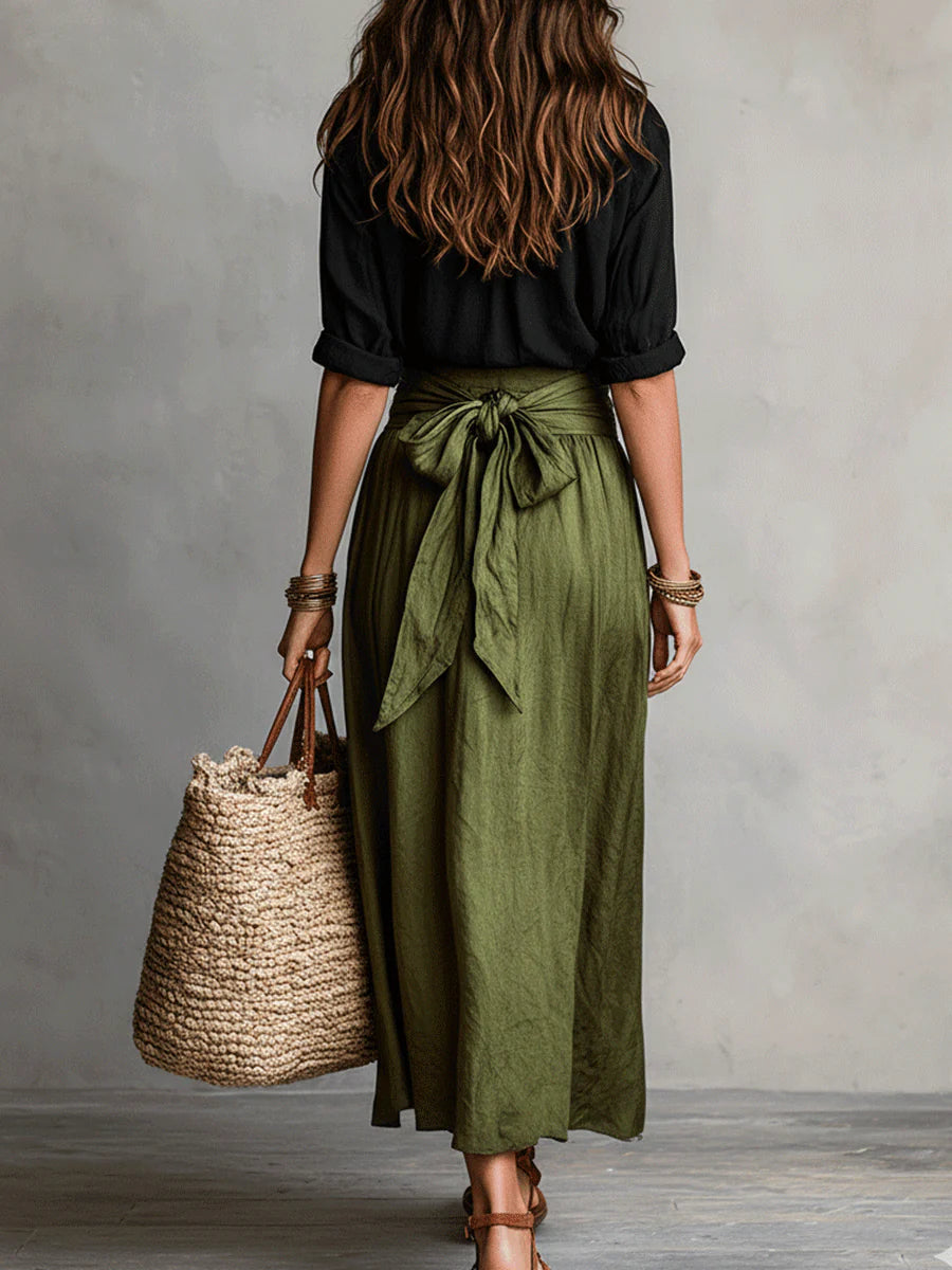 River | Completo Due Pezzi: Top Nero E Gonna Midi Verde Oliva
