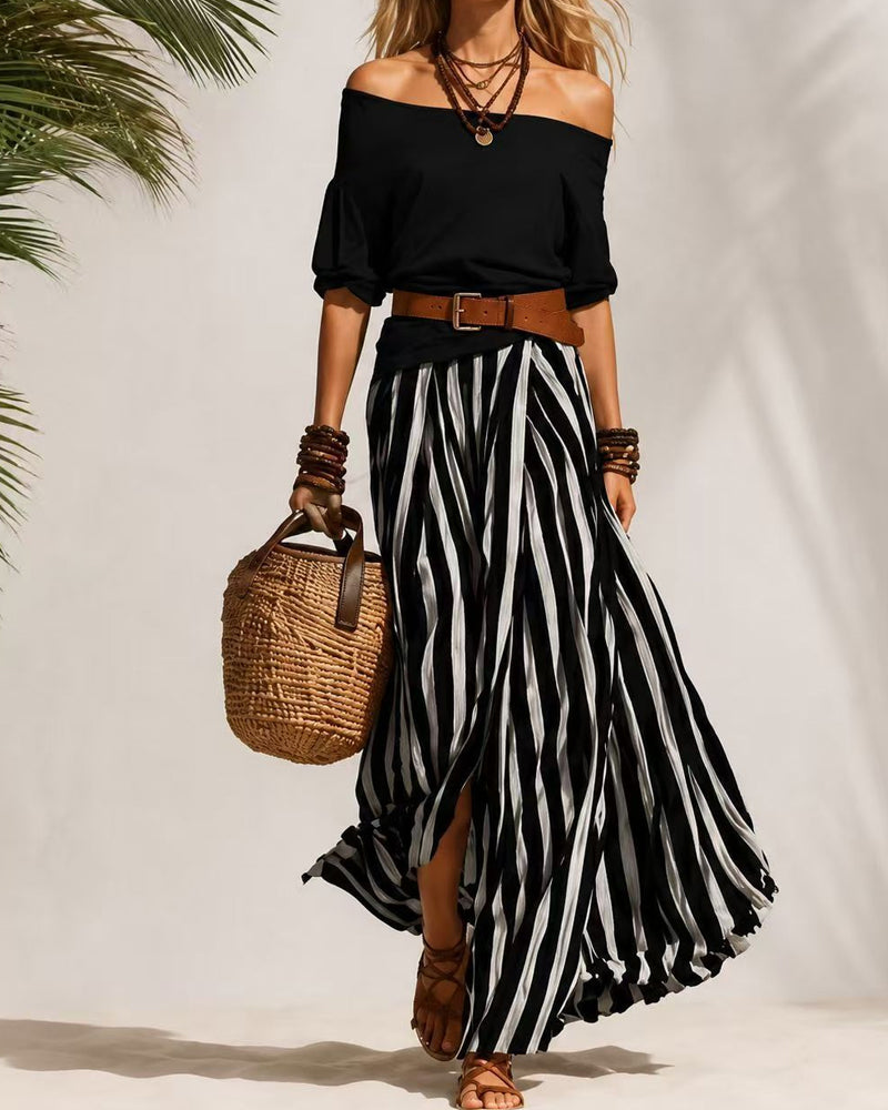 Madison | Completo Con Gonna Maxi A Righe E Top Con Spalle Scoperte