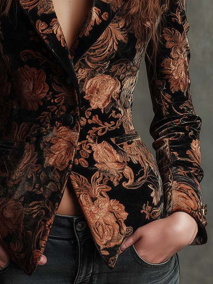 Blazer Sartoriale da Donna con Stampa Floreale Nera e Bronzo