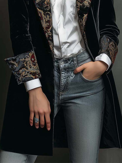 Blazer da Donna Slim Fit Nero con Revers e Stampa Barocca