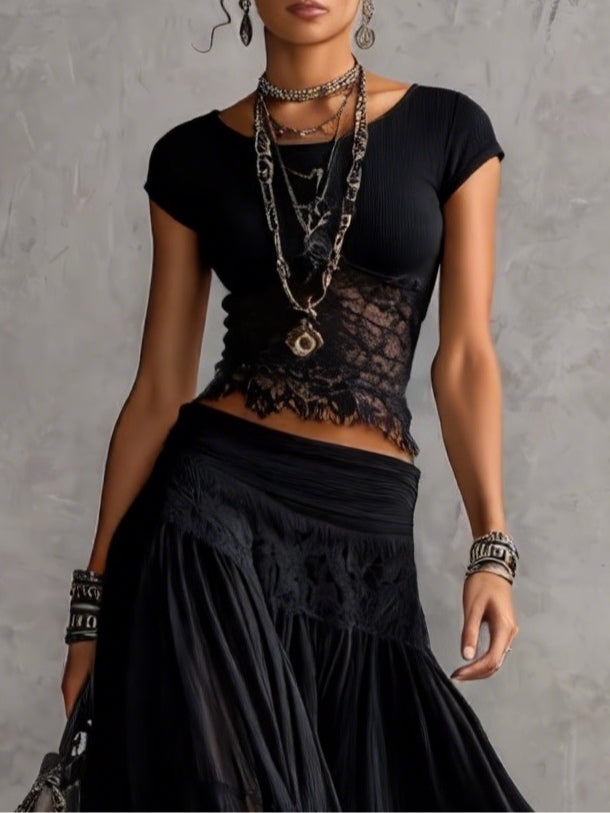 Completo Con Top Nero In Pizzo Trasparente E Gonna Maxi Plissettata